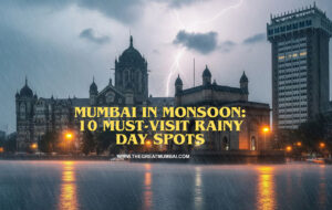 Mumbai monsoon street view, rainy day Mumbai skyline